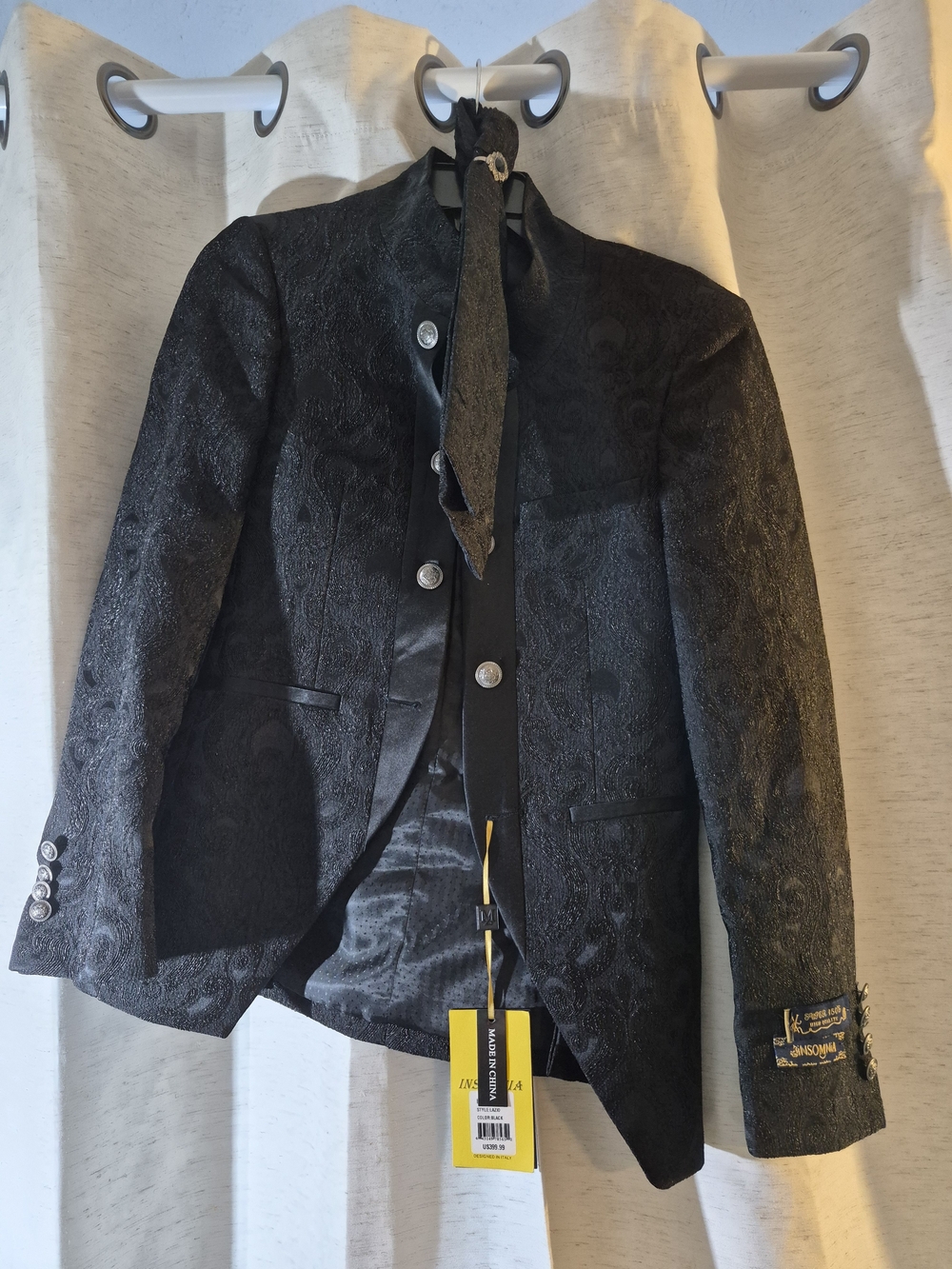 Men's Fitted Party Suit Black Paisley Chinese Collar Manzini Havana